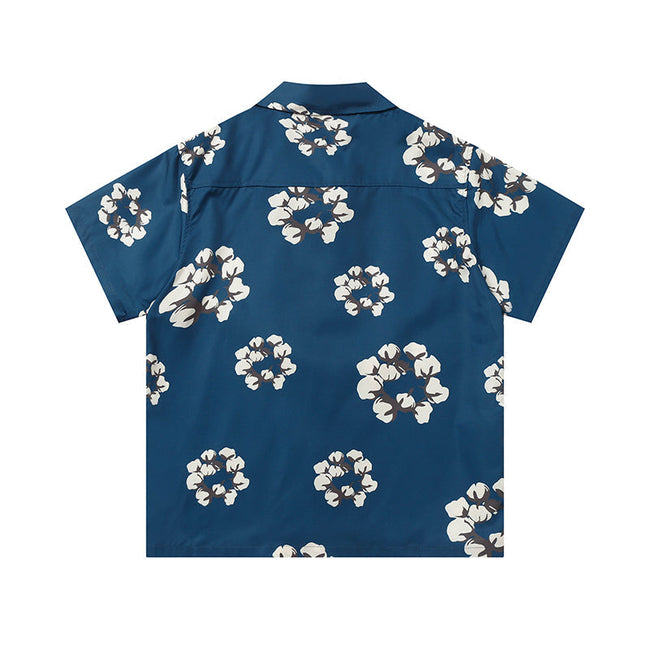 Denim Tears Deep Blue Floral Wreath Print Camp Collar Short Sleeve Main Image