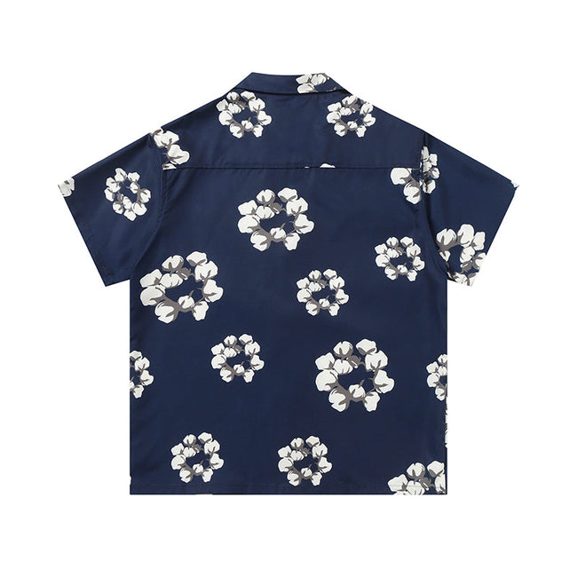 Denim Tears Navy Blue All Over White Floral Wreath Print Camp Collar Short Main Image