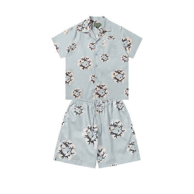 Denim Tears Light Blue Floral Wreath Print Camp Collar Shirt & Drawstring Shorts Hover Image