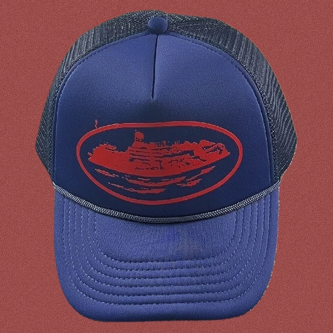 Vintage Blue Trucker Hat with Red Cruise Ship Graphic Hover Image