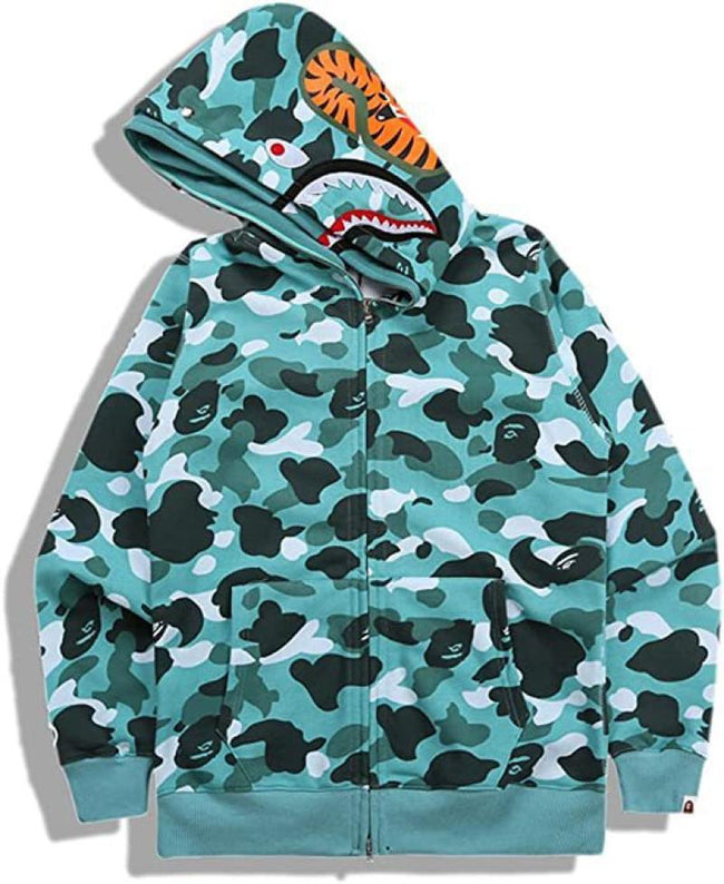 BAPE Fall Winter Shark Mint Green Camo Full‑Zip Hoodie Hover Image