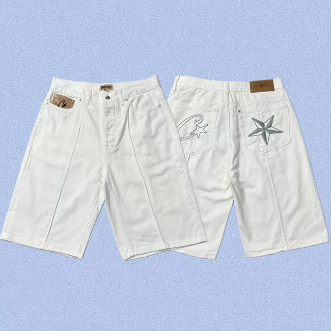 Corteiz Back Star Embroidery Heavyweight Denim Shorts - White Hover Image