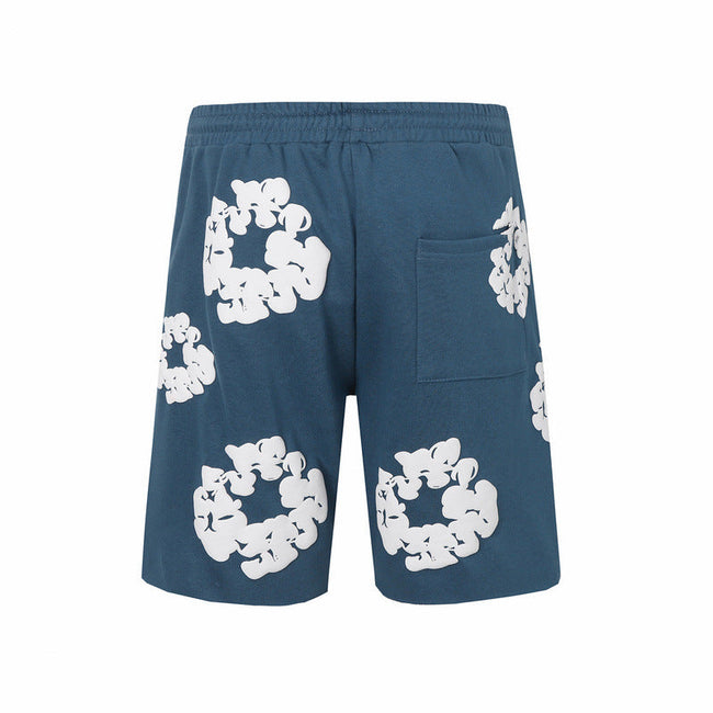 Denim Tears Blue Cotton Sweat Shorts With White Textured Flower Wreath Print Hover Image