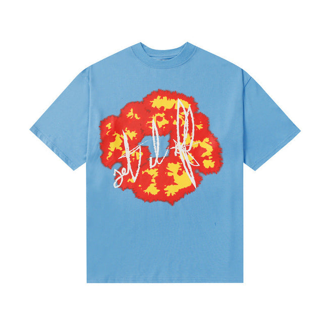 Denim Tears Light Blue Oversized Red-Yellow Fire Flower Graffiti Print T-Shirt Hover Image