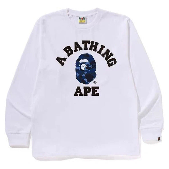 BAPE Style Collegiate Arc Logo & Camo Ape Head Long-Sleeve Tee - White/Blue Hover Image