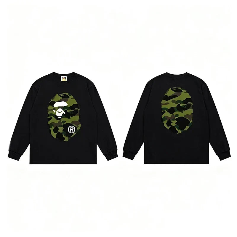 BAPE Style Big Camo Ape Head Long-Sleeve Tee - Black/Green