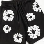 Denim Tears Black Cotton Sweat Shorts With White Textured Flower Wreath Print