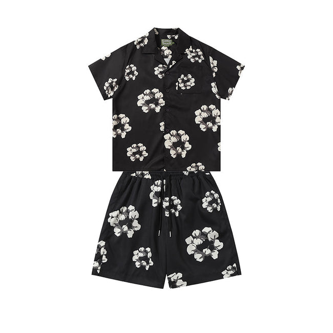 Denim Tears Black White Floral Wreath Print Camp Collar Shirt & Drawstring Shorts Hover Image